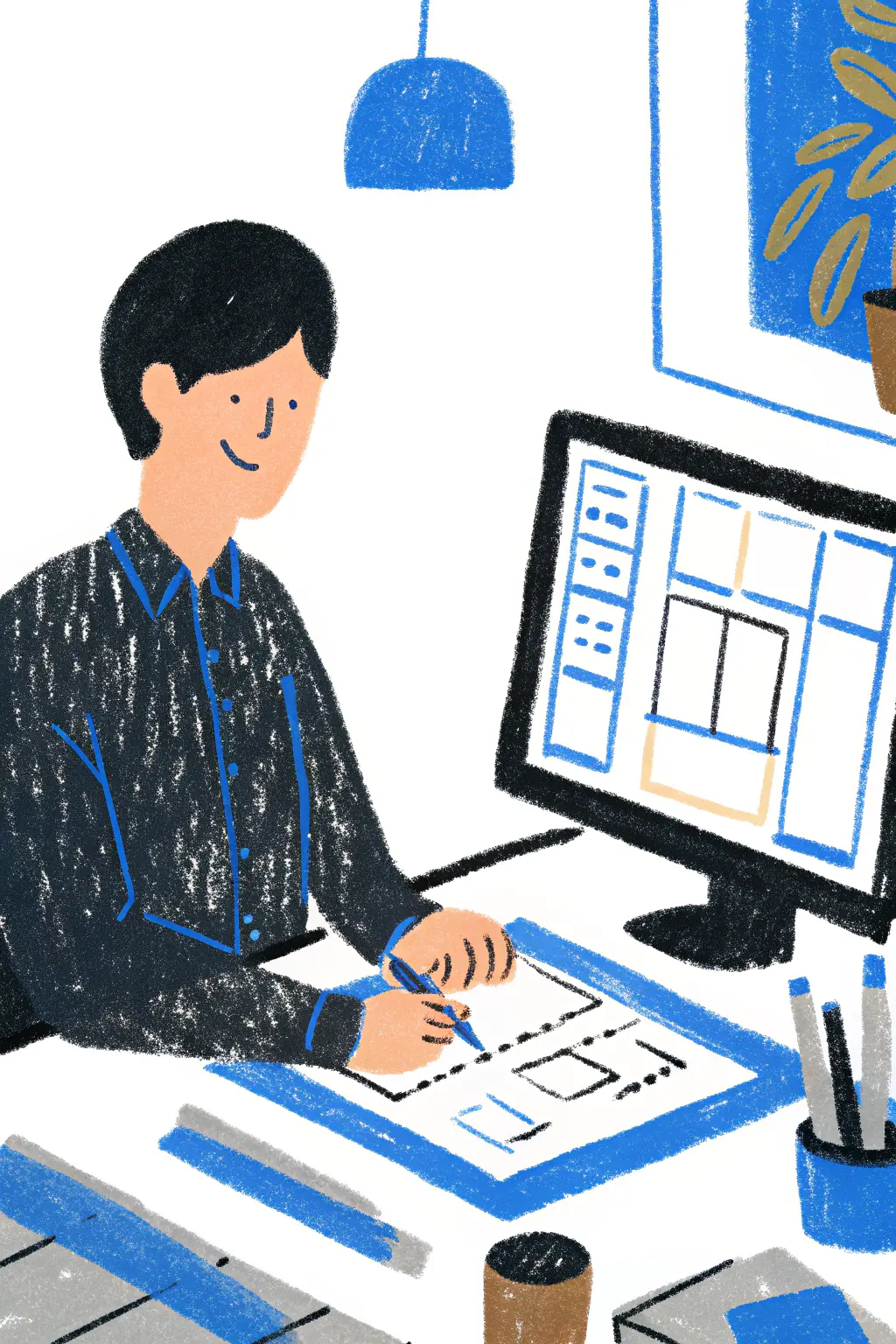 笑顔で作業する日本のデザイナーとHeyImgのロゴ